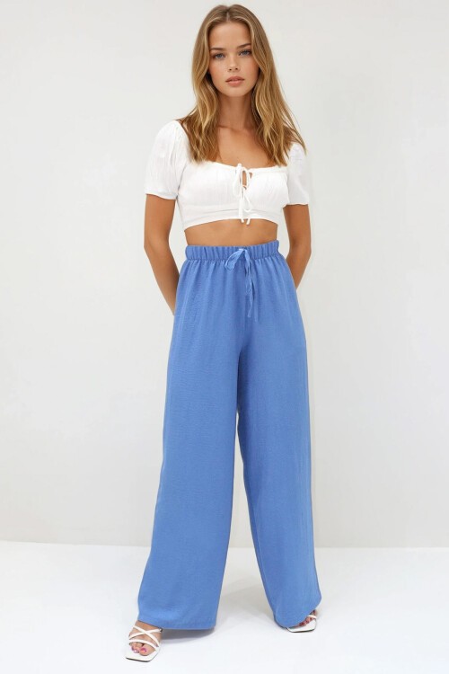 İndigo Bağcıklı Beli Lastikli Aerobin Palazzo Pantolon