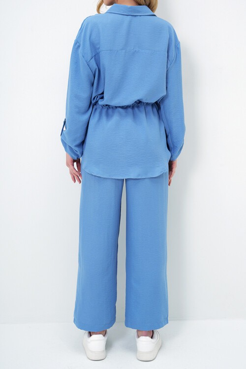 İndigo Çift Cepli Safari Ceket Ve Beli Lastikli Wide Leg Aerobin Pantolonlu Takım