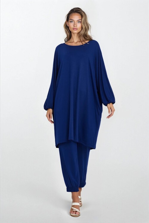 İndigo Kayık Yaka Bileği Ve Paçası Lastikli Büyük Beden Viskon Takım