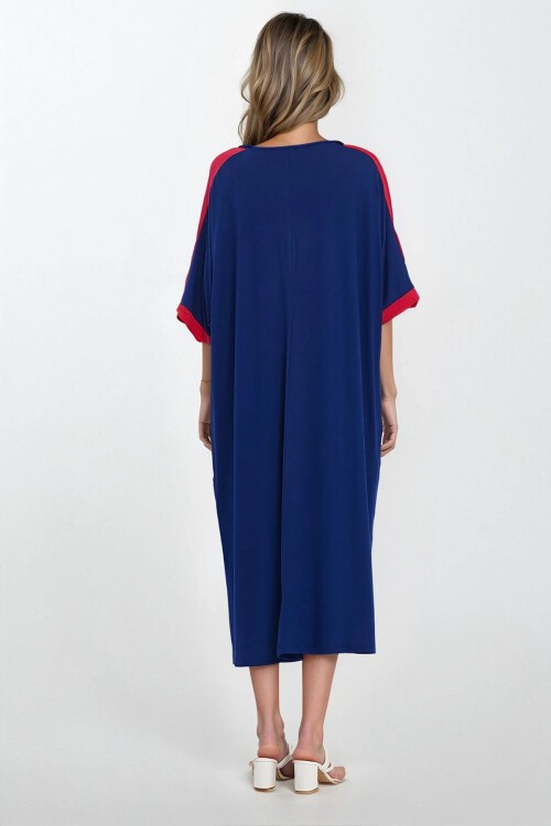 İndigo Önü Düğmeli Kısa Kollu Viskon Elbise