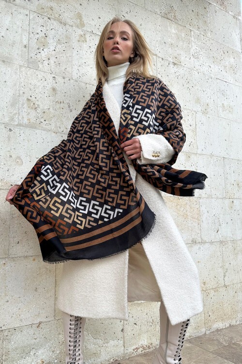 Kahve Siyah Püskül Detaylı Desenli Şal