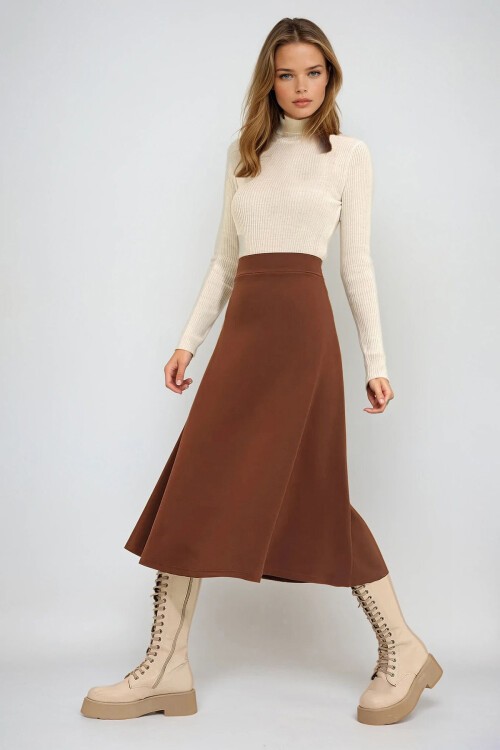 Kahve Yüksek Bel Beli Lastikli A Form Midi Boy Etek