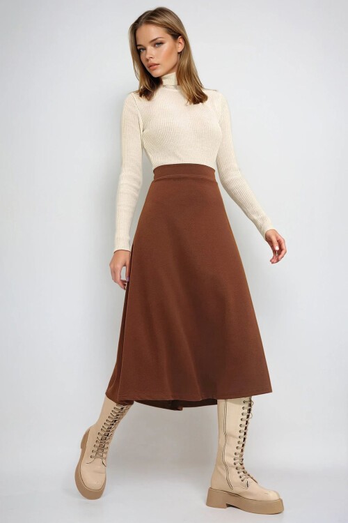 Kahve Yüksek Bel Beli Lastikli A Form Midi Boy Etek