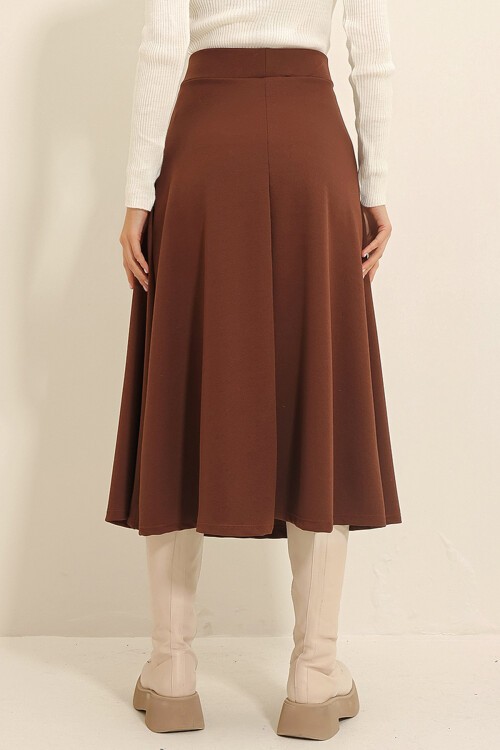 Kahve Yüksek Bel Beli Lastikli A Form Midi Boy Etek