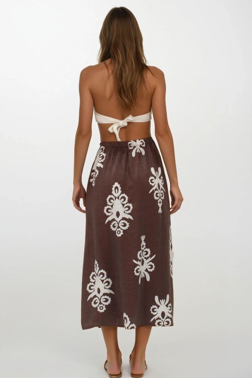 Kahverengi Beli Lastikli Çift Cepli Desenli Maxi Boy Etek