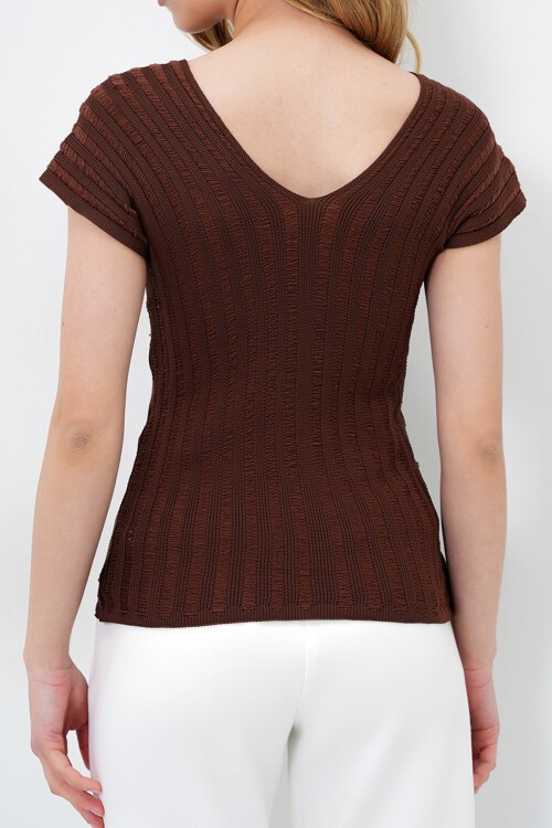 Kahverengi Ön Arka V Yaka Ajurlu Yazlık Triko Bluz