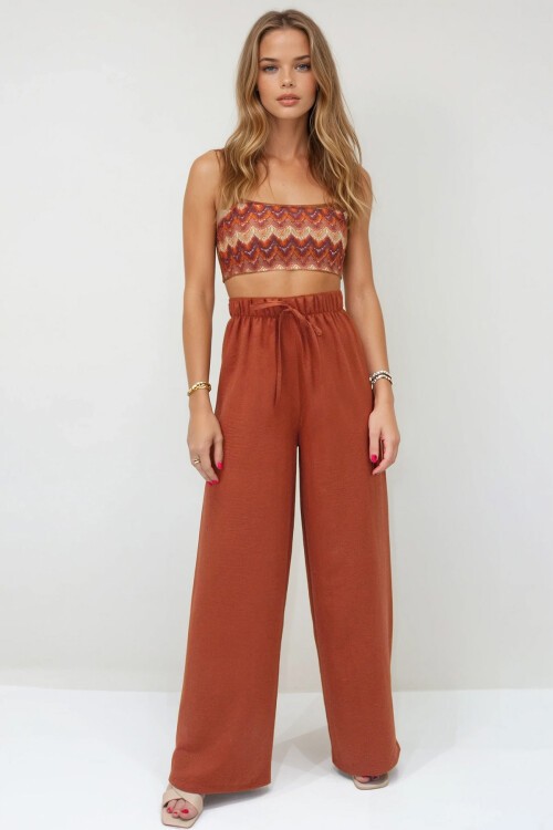 Kiremit Bağcıklı Beli Lastikli Aerobin Palazzo Pantolon