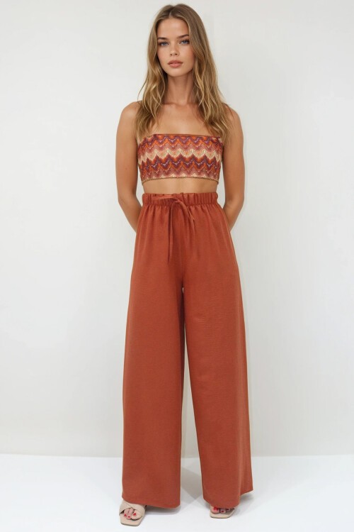 Kiremit Bağcıklı Beli Lastikli Aerobin Palazzo Pantolon