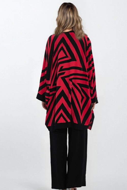 Kırmızı Çift Cepli Beli Lastikli Pantolon Ve Kimono 2Li Takım