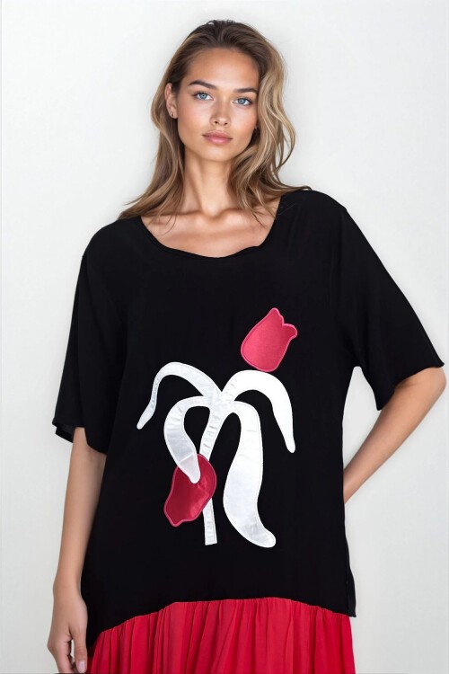 Kırmızı Çift Cepli Çiçek Baskılı Kısa Kollu Elbise