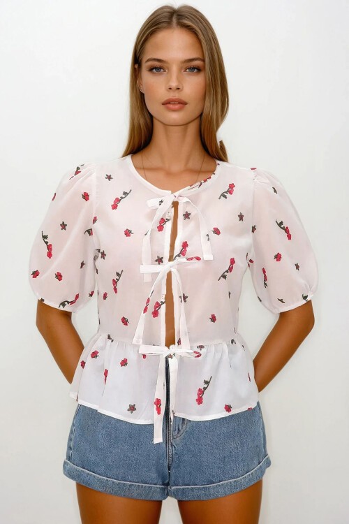 Kırmızı Kolları Lastikli Bağlamalı Çiçek Nakışlı Bluz