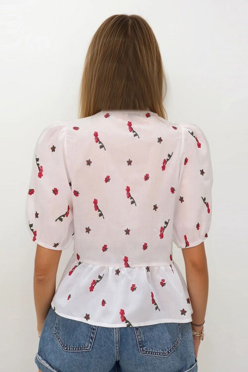 Kırmızı Kolları Lastikli Bağlamalı Çiçek Nakışlı Bluz