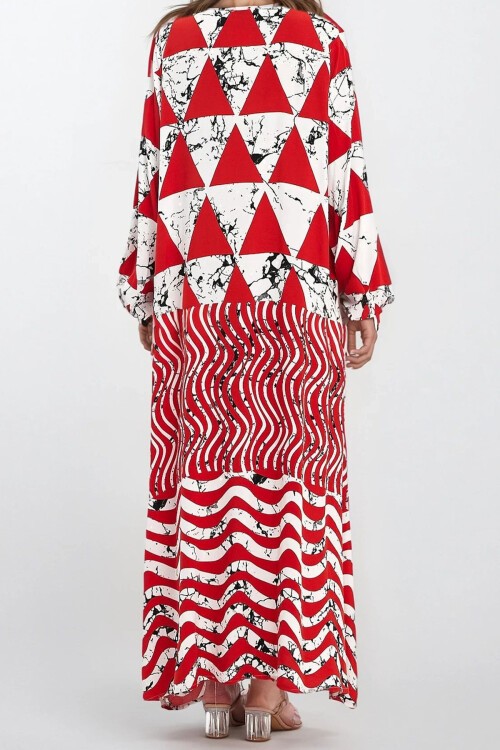 Kırmızı Kolları Lastikli Çift Cepli Büyük Beden Elbise