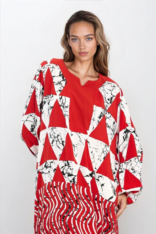 Kırmızı Kolları Lastikli Çift Cepli Büyük Beden Elbise