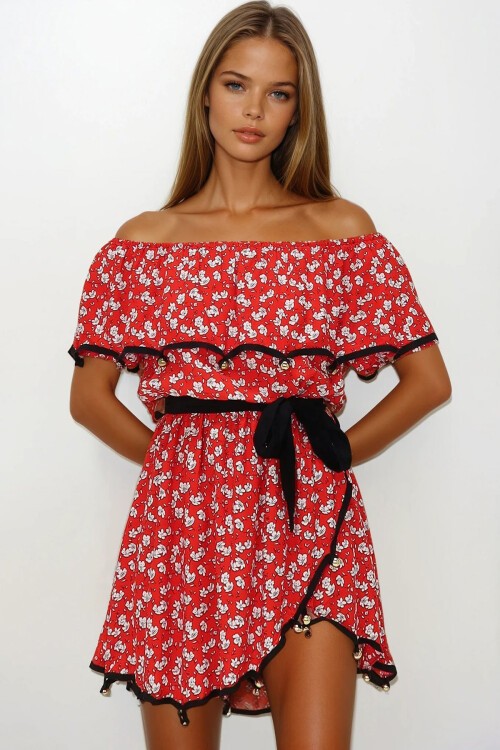 Kırmızı Madonna Yaka Boncuk İşlemeli Asimetrik Kesim Midi Boy Yazlık Elbise