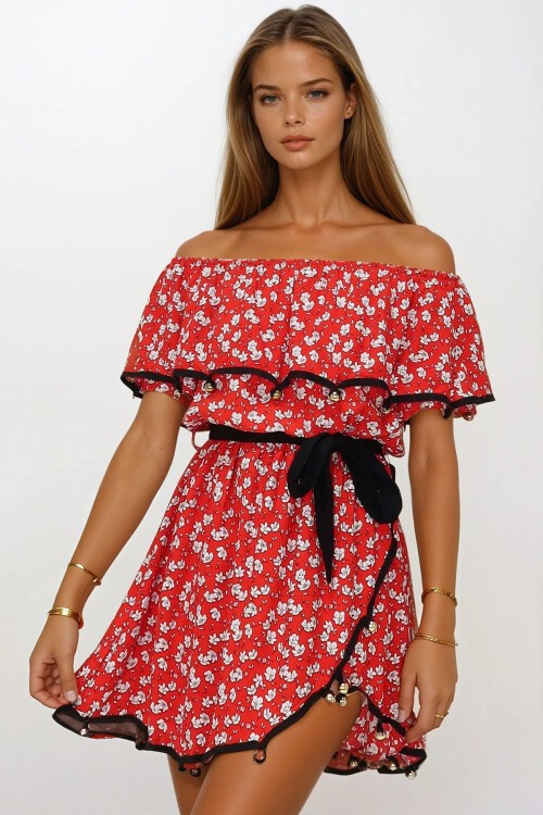 Kırmızı Madonna Yaka Boncuk İşlemeli Asimetrik Kesim Midi Boy Yazlık Elbise