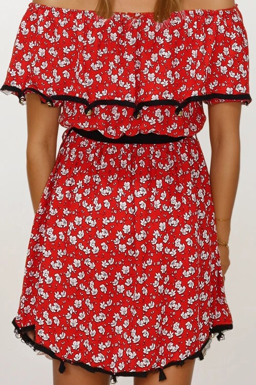 Kırmızı Madonna Yaka Boncuk İşlemeli Asimetrik Kesim Midi Boy Yazlık Elbise