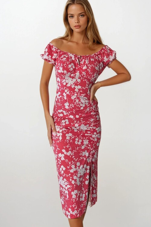 Kırmızı Madonna Yaka Çiçek Desenli Yırtmaç Detaylı Fermuarlı Elbise