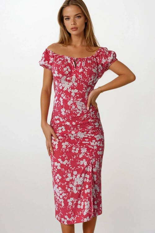 Kırmızı Madonna Yaka Çiçek Desenli Yırtmaç Detaylı Fermuarlı Elbise