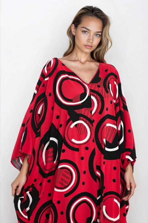 Kırmızı Maxi Boy Baskılı Viskon Büyük Beden Elbise