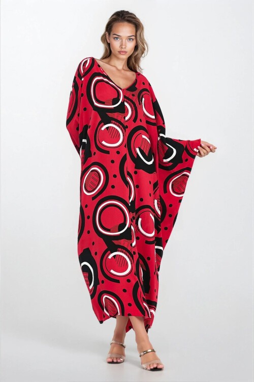Kırmızı Maxi Boy Baskılı Viskon Büyük Beden Elbise