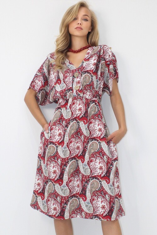 Kırmızı Ön Arka V Yaka Coconut Düğmeli Çift Cepli Desenli Dokuma Viskon Elbise