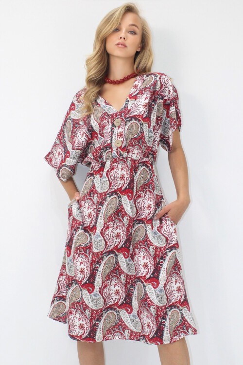 Kırmızı Ön Arka V Yaka Coconut Düğmeli Çift Cepli Desenli Dokuma Viskon Elbise