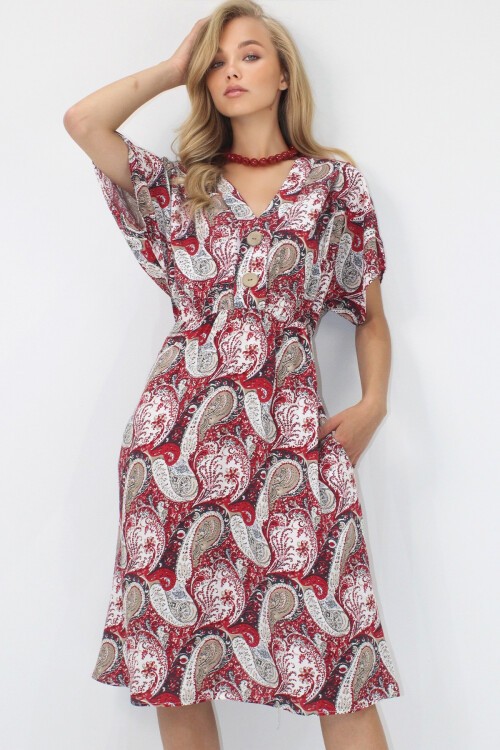 Kırmızı Ön Arka V Yaka Coconut Düğmeli Çift Cepli Desenli Dokuma Viskon Elbise