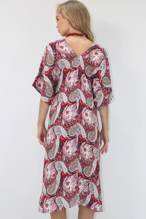 Kırmızı Ön Arka V Yaka Coconut Düğmeli Çift Cepli Desenli Dokuma Viskon Elbise