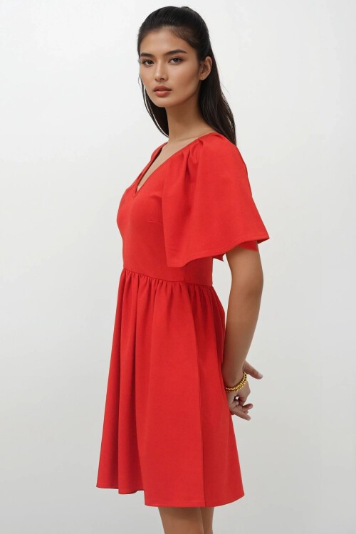 Kırmızı Ön Arka V Yaka Kısa Kol Mini Örme Elbise