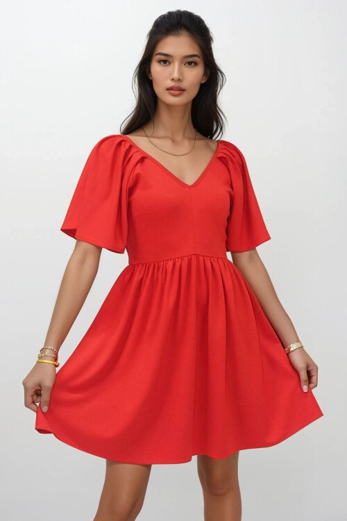 Kırmızı Ön Arka V Yaka Kısa Kol Mini Örme Elbise