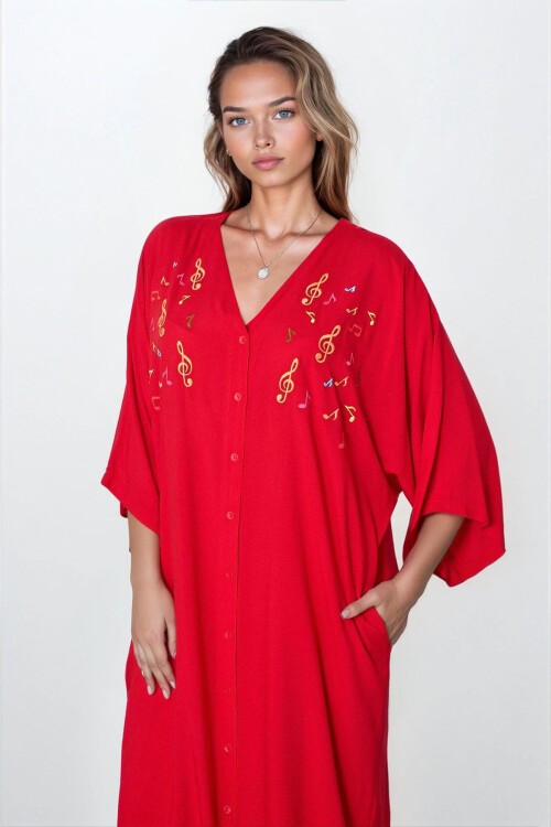 Kırmızı Önü Düğmeli Çift Cepli Büyük Beden Viskon Elbise