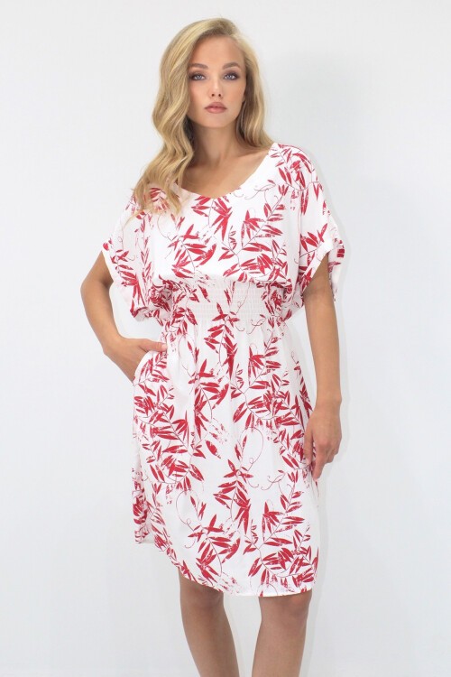 Kırmızı V Yaka Çift Cepli Desenli Beli Gipeli Dokuma Viskon Elbise