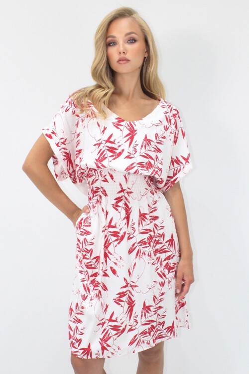 Kırmızı V Yaka Çift Cepli Desenli Beli Gipeli Dokuma Viskon Elbise