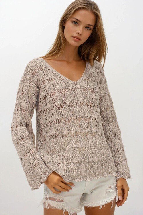 Koyu Bej V Yaka Ajurlu Bluz