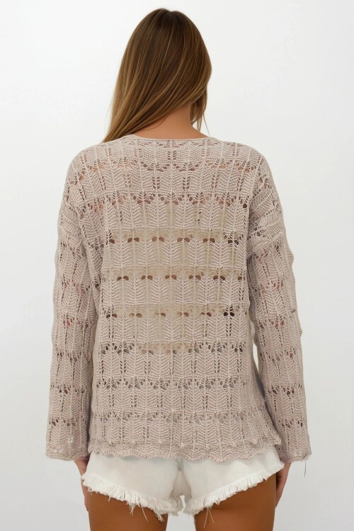 Koyu Bej V Yaka Ajurlu Bluz