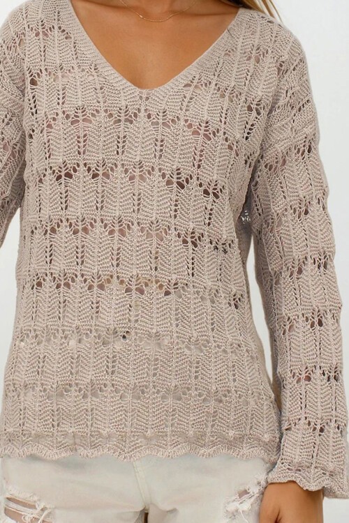 Koyu Bej V Yaka Ajurlu Bluz