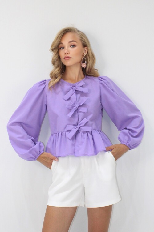 Koyu Lila Bisiklet Yaka Fiyonk Bağlamalı Prenses Kol Poplin Bluz