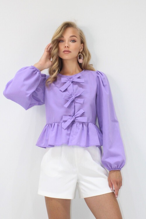 Koyu Lila Bisiklet Yaka Fiyonk Bağlamalı Prenses Kol Poplin Bluz