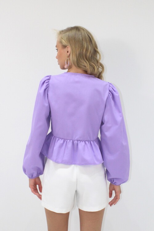 Koyu Lila Bisiklet Yaka Fiyonk Bağlamalı Prenses Kol Poplin Bluz