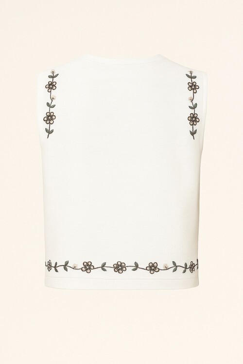 Krem Çiçek Nakışlı Düğme Kapamalı Yelek