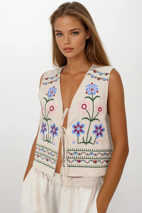 Krem Nakışlı Bağcık Detaylı Tasarım Ham Keten Yelek