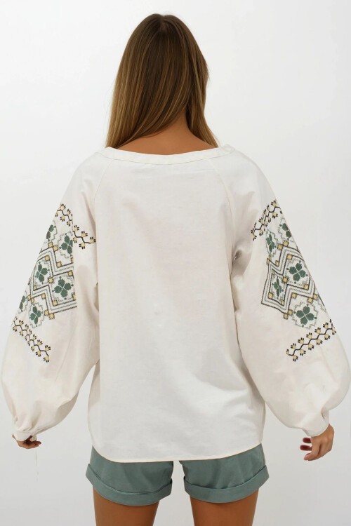 Krem Nakışlı Balon Kol Ham Keten Bluz
