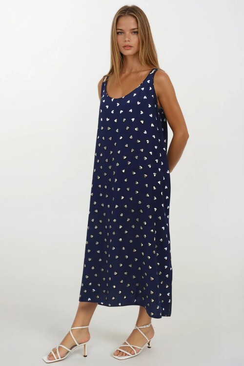 Lacivert Çift Cepli Rahat Kesim Desenli Elbise