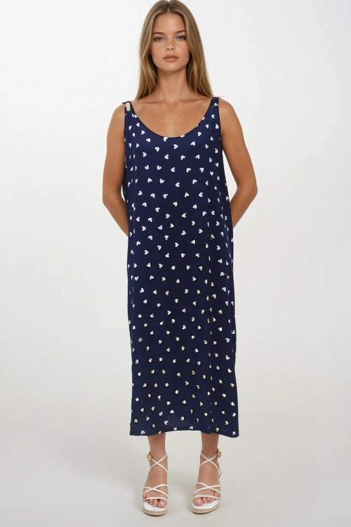 Lacivert Çift Cepli Rahat Kesim Desenli Elbise