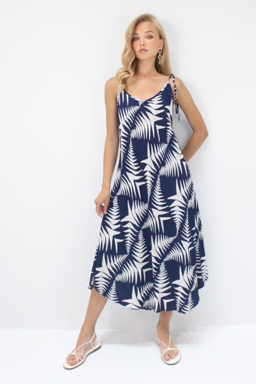 Lacivert İp Askılı Çok Renkli Midi Boy Dokuma Viskon Elbise