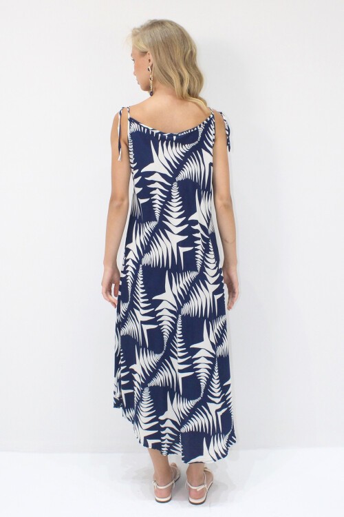 Lacivert İp Askılı Çok Renkli Midi Boy Dokuma Viskon Elbise