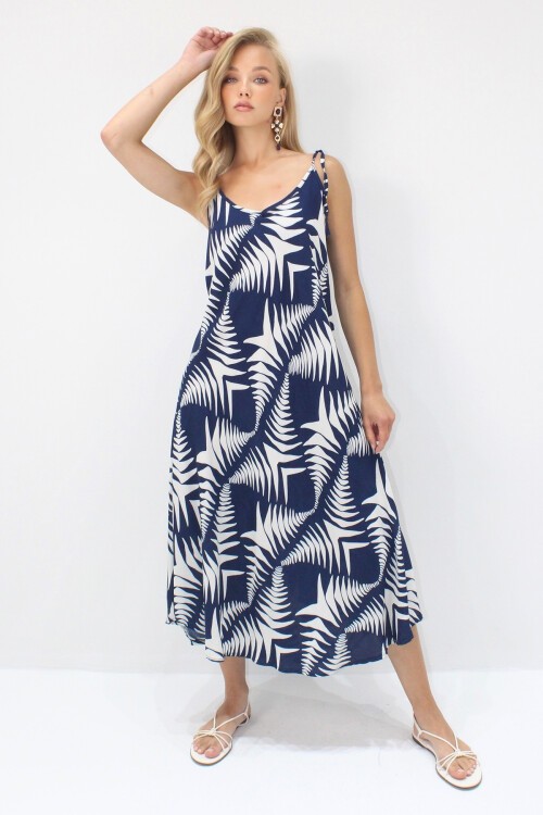 Lacivert İp Askılı Çok Renkli Midi Boy Dokuma Viskon Elbise