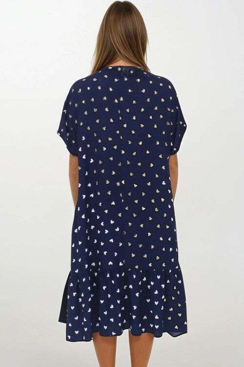 Lacivert Kruvaze Yaka Eteği Pileli Midi Boy Çift Cepli Elbise Elbise