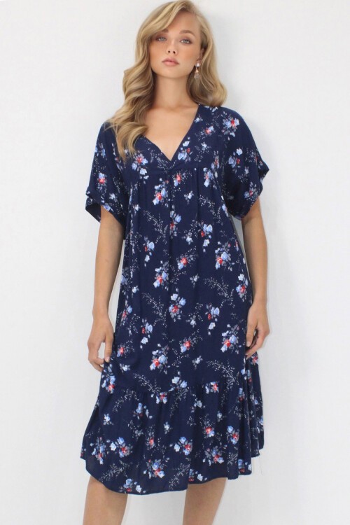 Lacivert V Yaka Double Kol Desenli Rahat Kesim Çift Cepli Dokuma Viskon Elbise